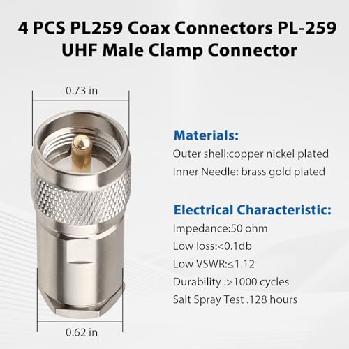 MOOKEERF 4 Pack PL259 Coax Connectors 50 Ohm UHF Male Clamp for RG8 RG213 Cable
