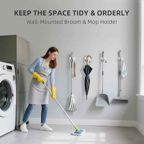Broom Holder Wall Mount with Screws (4 Pack) Broom and Mop Organizer Wall Hanging, Anti-Slip Mop Holder Broom Hanger with Hooks, Stainless Steel Tool Rack for Garden Garage Organization