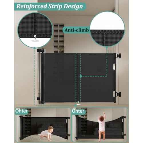 59 inch Retractable Baby Gates 34 inch Tall, Retractable Gate with Reinforced Strip Design to Prevent Crawling Through, 5 FT Retractable Dog Gate for Stairs, Doorways, Hallways, Indoor/Outdoor