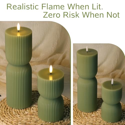 Girimax Olive Green Flameless Pillar Candles with Remote Set of 2