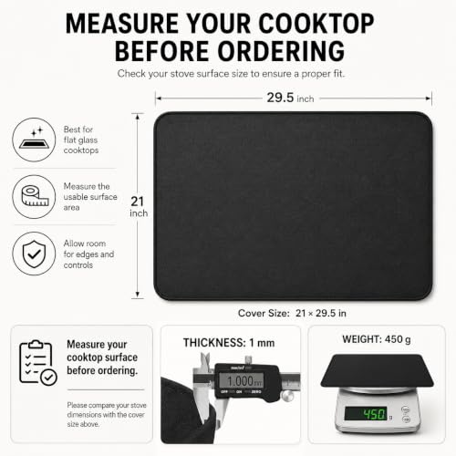 FLASLD 21x29.5 Inch Glass Stove Top Cover - Silicone-Coated Fiberglass, Black, No Logo