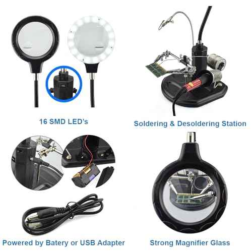 MMOBIEL LED Light Helping Hand Magnifier Station for Soldering, Assembly, Repair,Modeling, Hobbies and Crafts - 2.5X /4X LED Light - Hands-Free Magnifying Glass Stand - Incl. Clamp and Alligator Clips