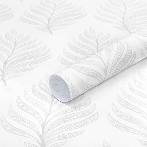 GloryTik Peel and Stick Wallpaper Boho White/Grey Floral Contact Paper Modern Removable Self Adhesive Wall Paper Leaf Waterproof Wallpaper for Cabinets Bedroom Vinyl Rolls (17.3" x 78.7")