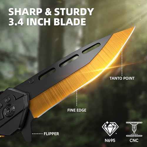 EDC Folding Pocket Knife for Men - Outdoor Survival Knife for Camping Hiking, Cool Gadgets Gifts for Dad/Him/Husband, Stocking Stuffers (Golden Black)