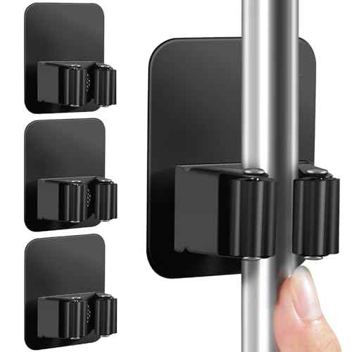 4 Pack Broom Holder Wall Mount, Improved Super Anti-Slip Mop and Broom Holder Wall Mount, Broom Hanger Gripper for Kitchen, Bathroom, Closet, Garden Garage, Black