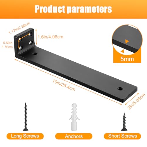 Black 10 Inch Heavy Duty Floating Shelf Brackets 6 Pack - Hidden Metal Wall Support for DIY Shelves