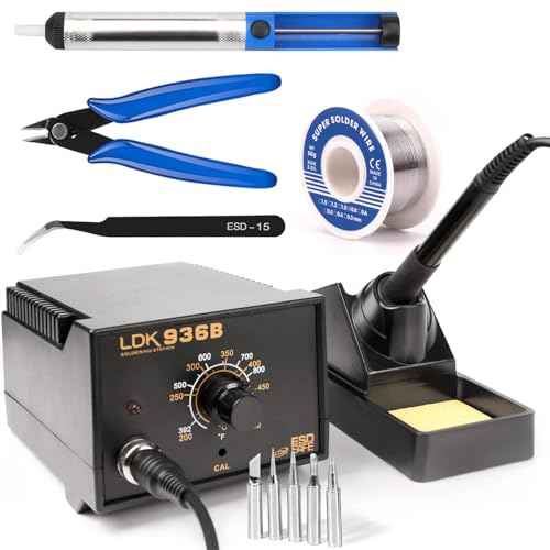 LDK 936B Soldering Iron Kit Soldering Station, 60W Soldering Iron Kit for Electronics, 5 Extra Soldering Iron Tips, Solder, Desoldering Pump, Tweezers, Wire Cutter