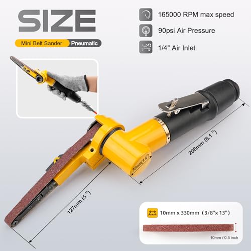 3/8 in x 13 in Mini Air Belt Sander with 2 Belts – Pneumatic Grinder for Weld Removal