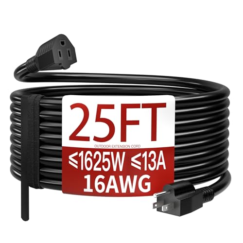 25FT Outdoor Waterproof Extension Cord 16/3 13A Black Heavy Duty Power Cable