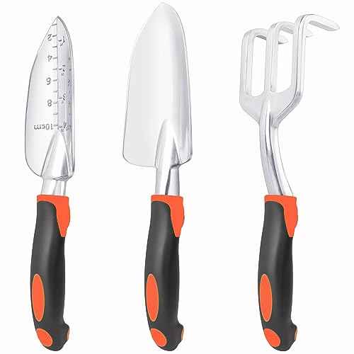 Garden Tools Set, 3 Pack Heavy Duty Gardening Tools Set Include Garden Shovel, Transplant Trowel and Hand Rake with Ergonomic Handle, Aluminum Alloy Lawn for Planting, Orange