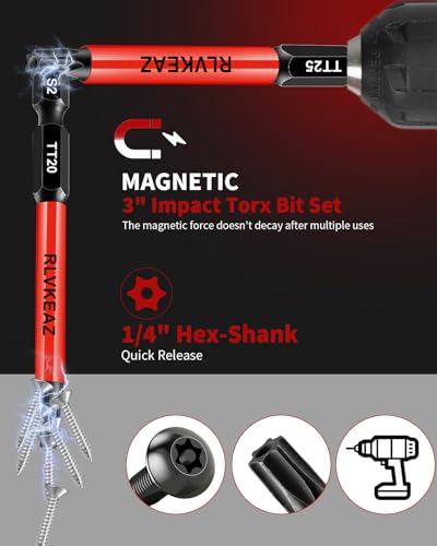 RLVKEAZ 12-Piece Security Torx Bit Set, 3-Inch Impact Magnetic T5-T40, S2 Steel