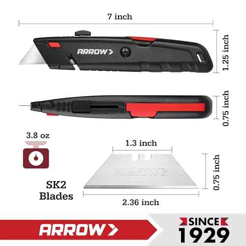 ARROW Retractable Box Cutter, Quick Change Utility Knife with Blade Storage Design, Heavy Duty Aluminum Razor Knife, Twine Cutter, 3 Extra SK2 Blades Included