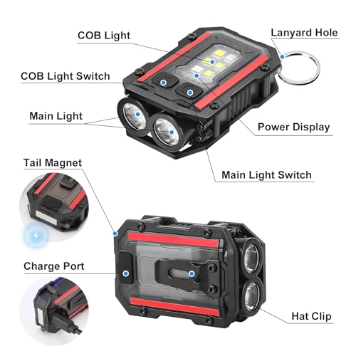 SUNPRO Mini Keychain Flashlight with Clip, 8 Modes Pocket Flash Light, Red Blue COB Side Light, Type-C Rechargeable for Hiking, Camping, Emergency (1, Black)