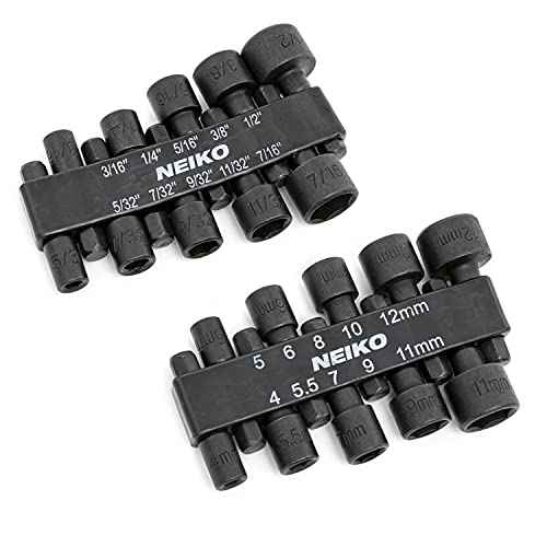 NEIKO 10068A Nut Driver Set, For Impact Drill and Driver, 20 Piece, 1/4¡± Hex Small Nut Driver Bit Set, Metric and Standard, 4-12 mm & 5/32¡±-1/2¡±, CR-V Steel, Nutsetter Driver Bits
