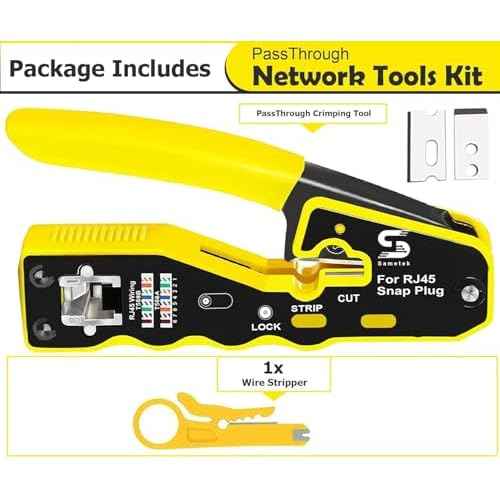 RJ45 Crimp Tool Pass Through Crimper, All in One Crimping Tool Ethernet Cable Crimper Stripper for Cat6a Cat6 Cat5 Cat5e, Cuts, Strips, Crimps Pass Through Connectors