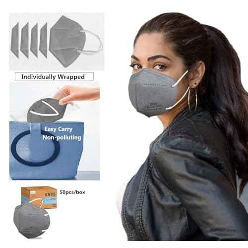 Edith qi KN95 Face Masks 50 PCS,Individually Wrapped, 5 Ply Grey Disposable KN95 Masks for Adults Filter Efficiency 95%, Protection against PM 2.5 Smoke Particles