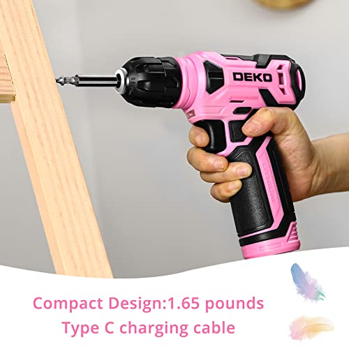 Pink DEKOPRO 8V Cordless Drill Set with 42 Accessories, Keyless Chuck & LED
