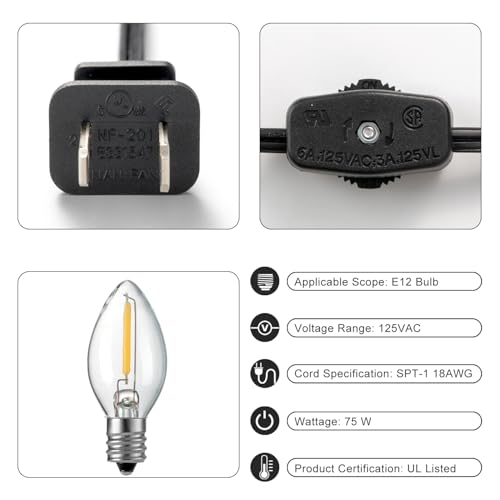 SIXZOONM Black 6FT C7 LED Accessory Cord with Candelabra E12 Socket & Switch