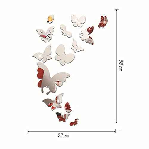 Set 14pcs DIY Butterfly Mirror Sticker, Beautiful 3D Butterfly Mirror Wall Decal&Murals DIY Home Decoration (Silver)