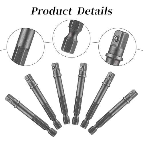 6 Pack 1/4 Inch Square Socket Adapter Bits for Drill and Impact Driver - Power Bit Set for Automotive DIY, Hex Shank, Silver