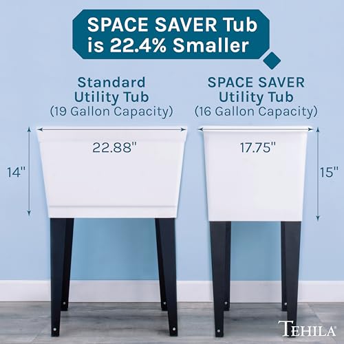 White Space Saver Utility Sink with Black Metal Legs & P-Trap Kit - 16 Gallon