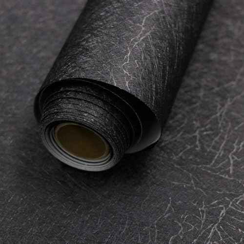 15.7" X 118" Black Silk Wallpaper Embossed Self Adhesive Peel and Stick Wallpaper Contact Paper Removable Waterproof Kitchen Vinyl Wrap Cabinet Furniture Textured Renter Friendly Wall Gift Paper