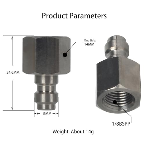 Universal 8mm Quick-Disconnect Plug Adapter, Stainless Steel 1/8" BSPP Female Thread, PCP Paintball Charging Fittings with Sealing O-Ring