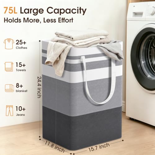 HomeHacks 2 Pack Large Laundry Hampers Bags Grey 75L - Collapsible, Waterproof, Heavy Duty Handles