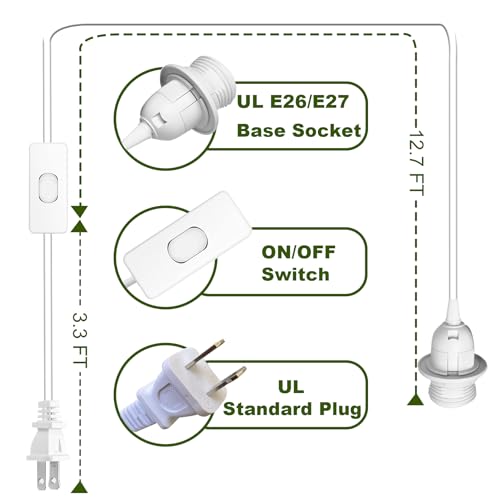 White 16Ft Pendant Light Kit with On/Off Switch - UL Approved, E26/E27 Socket, Includes Rings & Hooks