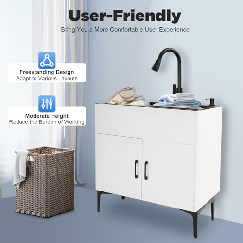 White Laundry Sink with Cabinet and Pull-Out Faucet - Double Basin Utility Sink for Garage & Bathroom