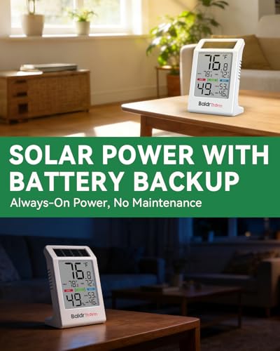 BALDR Solar Indoor Thermometer Hygrometer White 1 Pack (Max/Min, 3.2" Display)