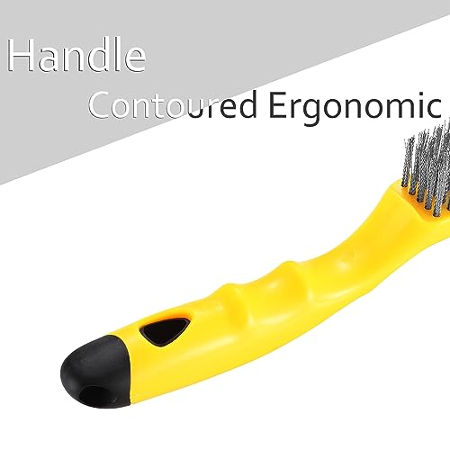 10.95" Wire Scratch Brush with Metal Scraper, Long Plastic Handle and 79 Bundles of Stainless Steel Bristles, Heavy Duty for Dust Paint Scrubbing, Dirt Rust or Welding Slag Removal