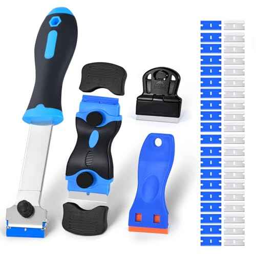 4 Pack Razor Blade Scraper Set with 20 Pcs Extra Replacement Metal and 20 Pcs Plastic Razor Blades, Scraper Tool for Cleaning Cooktop, Paint, Tile, Window, Glass