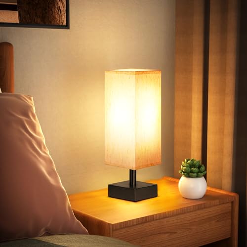 Aooshine Small Bedside Table Lamp with Cream Fabric Shade - Black Base, 12.8in, Modern Nightstand Lighting