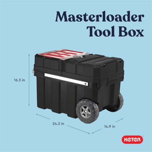 Keter Masterloader Resin Rolling Tool Box with Locking System, 6 Removable Bins, Black/Red