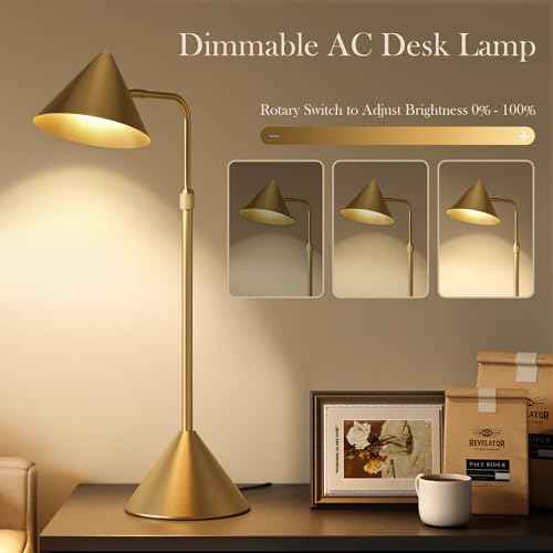 Metal Desk Lamp, 3000k Soft Light Modern Desk Lamp with Dimmer Switch, Adjustable Lighting with Swivel Arm Reading Lamp for Bedside Table, Office Desk, Task Light, Living Room(Gold)