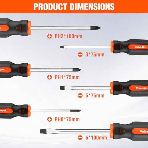 ValueMax 6-Piece Magnetic Screwdriver Set, 3 Phillips and 3 Flat Tip Screwdrivers, Non-slip Handle Screw Driver Set Kit