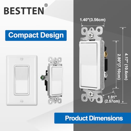 BESTTEN 10 Pack Single Pole Decorator Light Switch with Wallplate - White, 15A 120/277V, Rocker Paddle, On/Off UL Certified