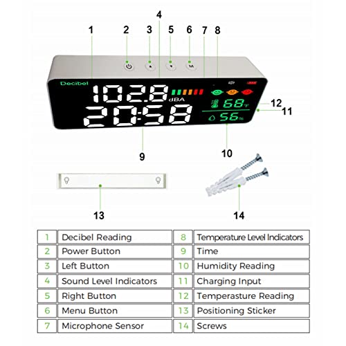 Decibel Meter 4-in-1 with 11in LED Display: Sound Level, Temp, Humidity & Time