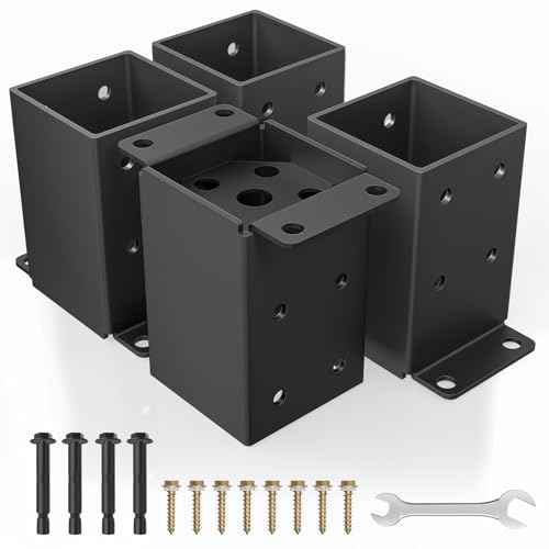 QZER 4¡¿4 Post Base, Inner Size 3.5""x3.5"" Deck Post Brackets, Heavy Duty Metal Black Powder Coated Fence Post Anchor Base for Pavilion Porch Railing Pergola Support Deck Base Plate 4 Pcs
