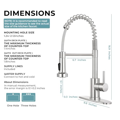 KHQF Brushed Nickel Kitchen Faucet with Pull Down Sprayer, Standard Model with Deck Plate
