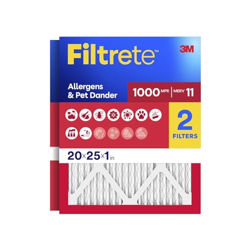 Filtrete 20x25x1 MERV 11 Air Filter - 2 Pack, Allergens & Pet Dander, 3-Month Replacement, Actual Size 19.68 x 24.68 in