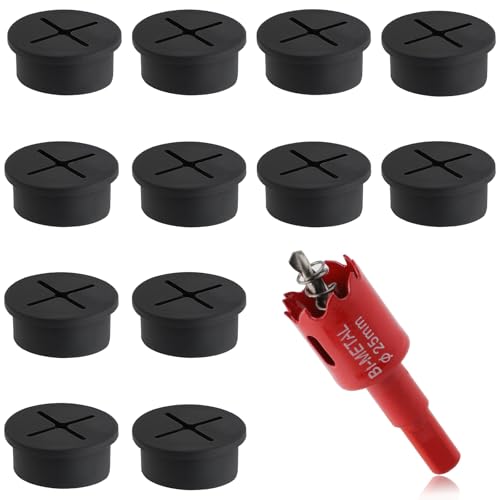 KITANIS 1 Inch Black Cross Desk Grommet 13 Pieces with Hole Saw - Cable Management