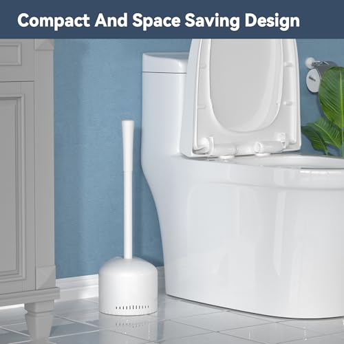 TRENTI White Toilet Plunger with Holder - Heavy Duty 5.3-Inch Drain Cleaner, Foldable Rubber Design, 19.5-Inch Ergonomic Handle, Drip-Free Bathroom Tool - Variation 1