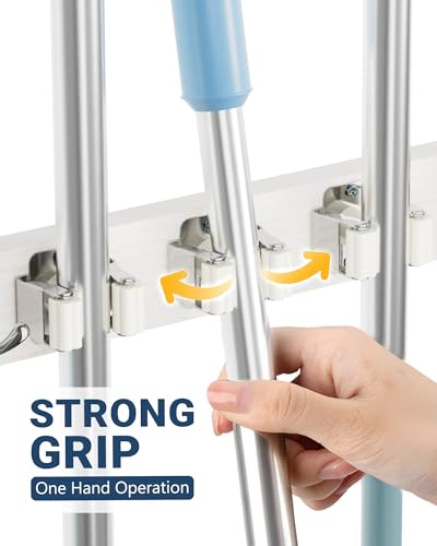 Lorbro White Door Mount Broom and Mop Holder No Drill Over-the-Door Organizer