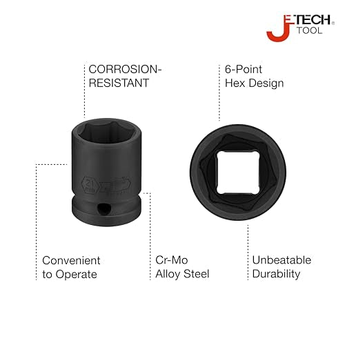 JETECH 1/2 Inch Drive 21mm Standard Impact Socket, Chrome Molybdenum Alloy Steel, 6-Point Design, Metric