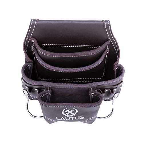 LAUTUS Oil Tanned Leather Tool Pouch Bag | Carpenter, Construction, Framers, Handyman | 10 Pockets, 2 Hammer Holders | 100% Leather Dark Brown