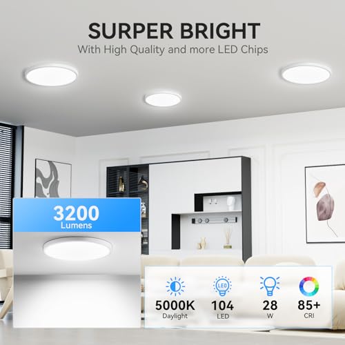WKONCLDY 6 Pack 12-Inch White LED Flush Mount Ceiling Lights 3200lm, Daylight 5000K, Slim Design for Bedroom, Living Room, Garage