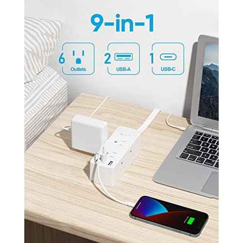 Power Strip Surge Protector, Olcorife Ultra Thin Flat Plug Extension Cord 5ft, 6 Outlets 3 USB Ports(1 USB C), 3 Sided Outlet Extender for Home Office Travel Dorm Room Essentials, White