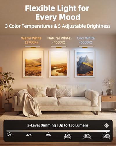 EZVALO 16'' Gold Wireless Rechargeable Picture Light with Remote & 3 Color Temperatures
